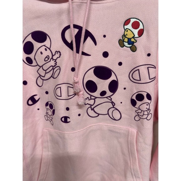 Champion X Super Mario Collab Toad Pink Adult Hoodie Embroidered Size XS Unisex - Picture 5 of 8